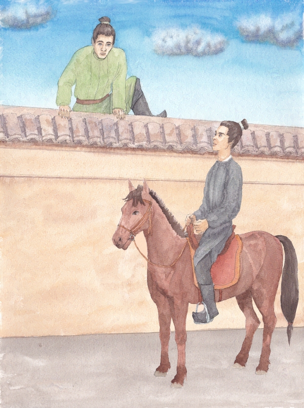 Wu Xie about to climb over a  wall while Zhang Qiling looks up at him from his horse